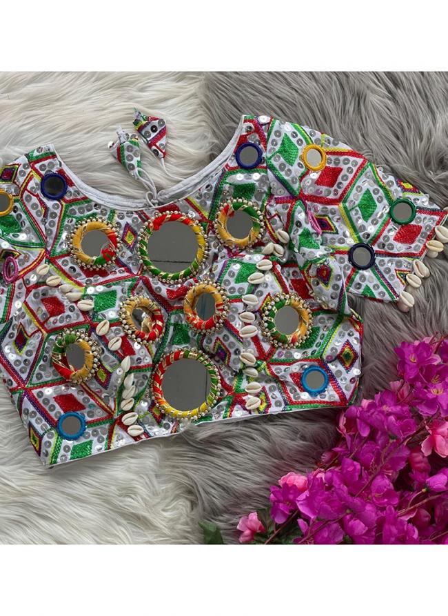 Pure Soft Italain White Navratri Wear Mirror Work Readymade Blouse